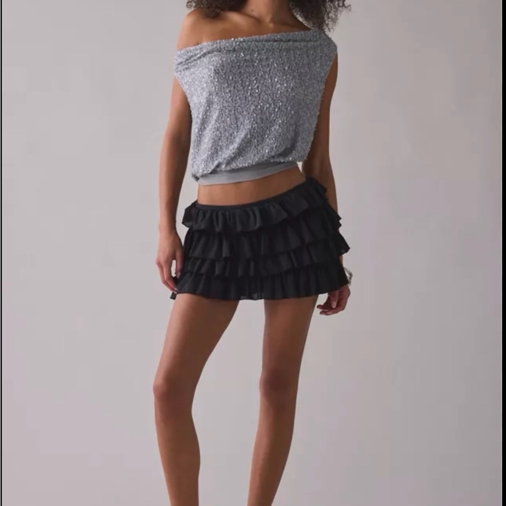 NWT UO Alix Asymmetric Off-The-Shoulder Ruched Sequin Crop Top